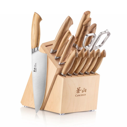 Cangshan Cutlery Oliv Series 15pc Block Set - Swedish 14C28N Steel - Solid Olive Wood Handle - Maple Wood Block