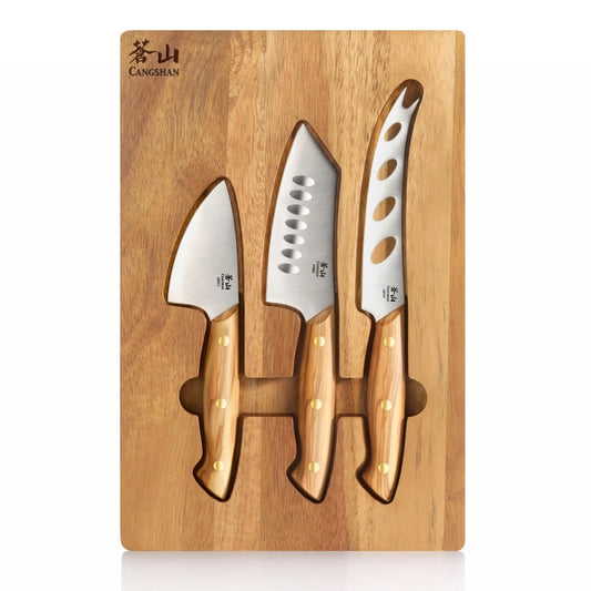 Cangshan Cutlery Oliv Series 3pc Cheese Knife Set with Acacia Board - Swedish 14C28N Steel - Solid Olive Wood Handle