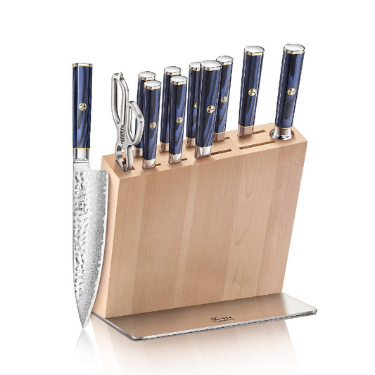 Cangshan Cutlery Kita Series 12pc HUA Block Set - 67 Layered Forged X-7 Damascus - Maple Wood and Stainless Steel Block