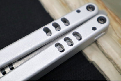 Squid Industries Mako V4.5 Balisong Trainer - Silver Anodized Aluminum Handle / Stonewashed Stainless Steel Blade / Phosphorus Bronze Washers