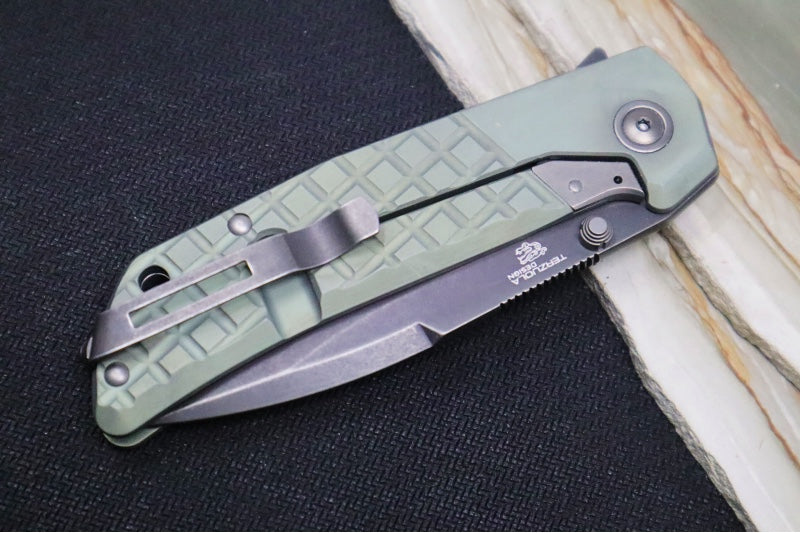 Maniago Knife Makers Maximo - Dark Stonewashed Drop Point Blade / M390 Steel / OD Green Anodized Titanium Handle