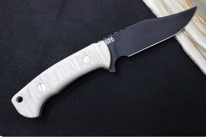 Rick Hinderer Knives Ranch Bowie -  Battle Black CPM-3V Blade / Natural Micarta Handle / Brown Leather Sheath