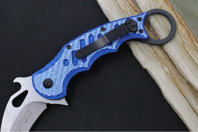 Fox Knives Karambit - Blue Twill Carbon Fiber Handle / Stonewashed N690Co Blade / Emerson Wave - FOX479BLTSW