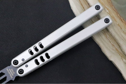 Squid Industries Mako V4.5 Balisong Trainer - Silver Anodized Aluminum Handle / DLC "Inked" Finished Stainless Steel Blade / Phosphorus Bronze Washers