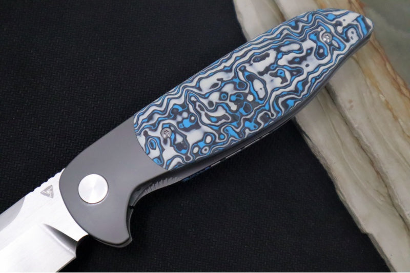 Jim Skelton Knives Caladan V2 - Blue/White Carbon Fiber & Titanium Handle / Satin Flats / Drop Point Blade / CPM-S90V Steel