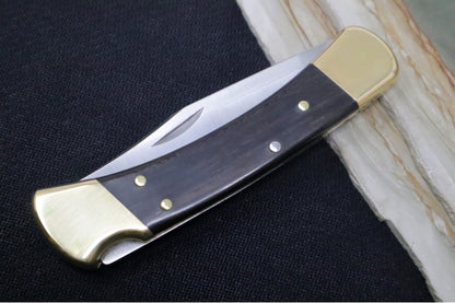 Buck 110 Folding Hunter - Clip Point Blade / Stainless Steel / Ebony Wood Handle / Genuine Leather Sheath 0110BRS-B
