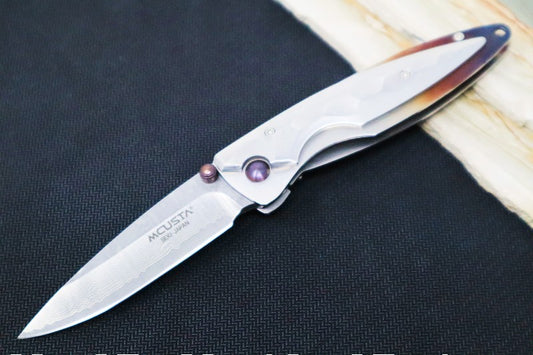 MCUSTA Shinra Kasumi Japanese Folding Knife - Damascus Blade / Drop Point / Damascus Handle with Gentle Flame Anodization MC-0031D