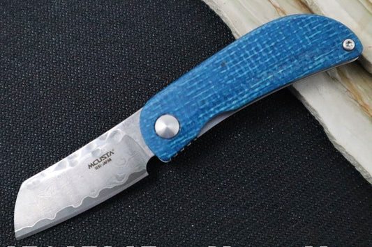 MCUSTA Petit Japanese Folding Knife - VG-10 Core Damascus Blade / Sheepsfoot / Blue & Black Micarta Handle MC-0212D