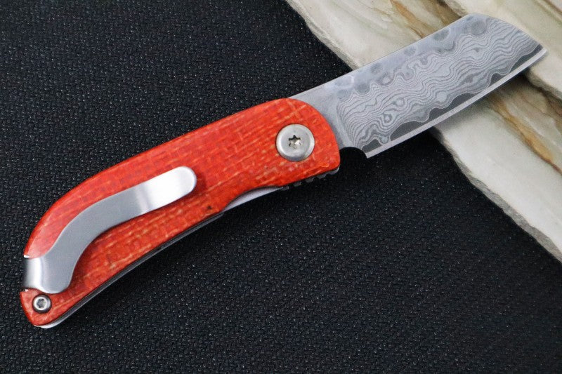 MCUSTA Petit Japanese Folding Knife - VG-10 Core Damascus Blade / Sheepsfoot / Orange & Black Micarta Handle MC-0211D