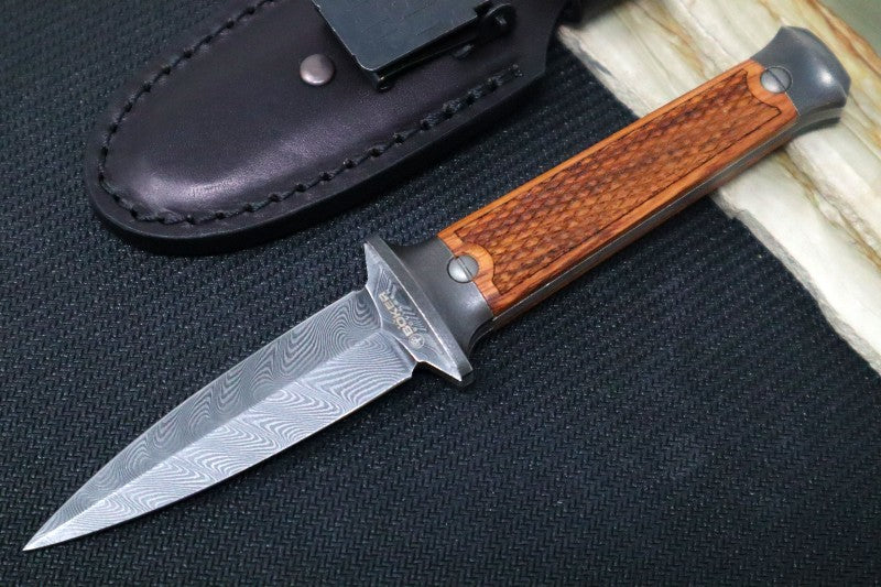 Boker P08 Boot Dagger 3.23 Nichols Boomerang Damascus Blade, Textured  Rosewood Handles, Leather Sheath - KnifeCenter - 121515DAM