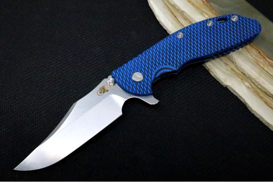 Rick Hinderer Knives XM-24 - 4" Bowie Blade / CPM-20CV / Black & Blue G-10 / Blue Stonewashed Titanium Frame