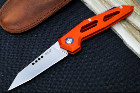 Maniago Knife Makers Edge - Satin Clip Point Blade / M390 Steel / Orange Anodized Aluminum & Blue Accents MK-EG-AOR