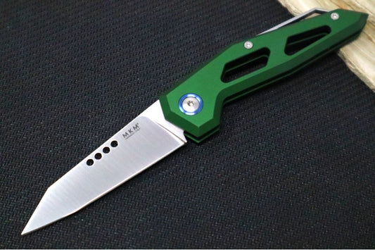 Maniago Knife Makers Edge - Satin Clip Point Blade / M390 Steel / Green Anodized Aluminum & Blue Accents MK-EG-AGR