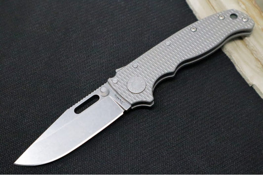 Demko Knives AD 20.5 - Textured Titanium Handle / Stonewashed Clip Point Blade / CPM-3V Steel
