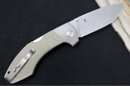 Maniago Knife Makers Hero - Satin Drop Point Blade / M390 Steel / Green Canvas Micarta Handle Scales & Titanium Bolsters