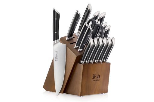 Cangshan Cutlery Helena Series 17pc HUA Knife Set - Forged German Stainless Steel - Black Composite Handle with Rivets - HUA Acacia Storage Block 503329 - Northwest Knives