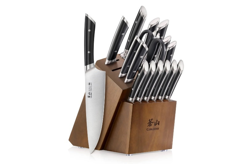 Cangshan Cutlery Helena Series 17pc HUA Knife Set - Forged German Stainless Steel - Black Composite Handle with Rivets - HUA Acacia Storage Block 503329 - Northwest Knives