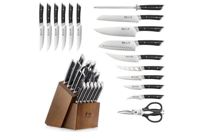 Cangshan Cutlery Helena Series 17pc HUA Knife Set - Forged German Stainless Steel - Black Composite Handle with Rivets - HUA Acacia Storage Block 503329 - Northwest Knives