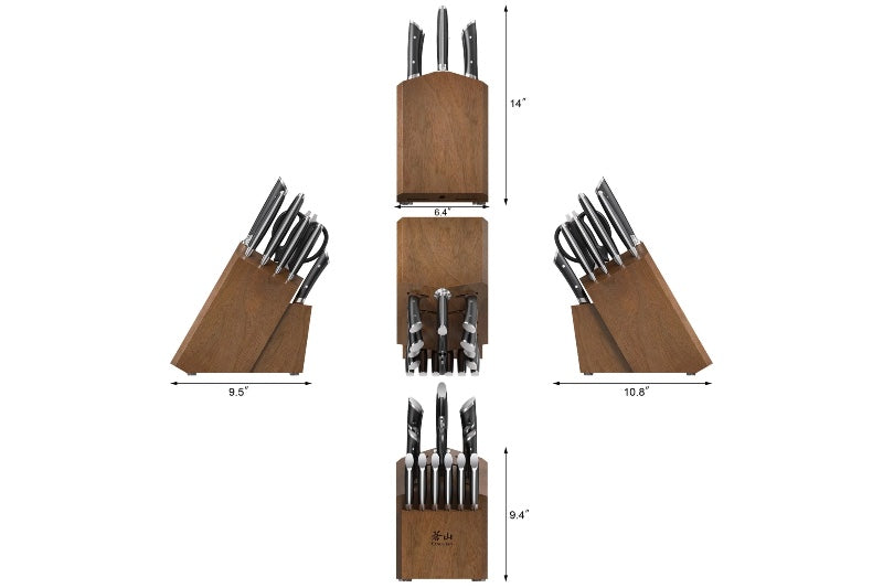 Cangshan Cutlery Helena Series 17pc HUA Knife Set - Forged German Stainless Steel - Black Composite Handle with Rivets - HUA Acacia Storage Block 503329 - Northwest Knives