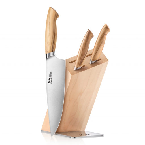 A set of Cangshan Cutlery Oliv Series knives with a chef knife, serrated utility knife, and paring knife, alongside a maple wood block.