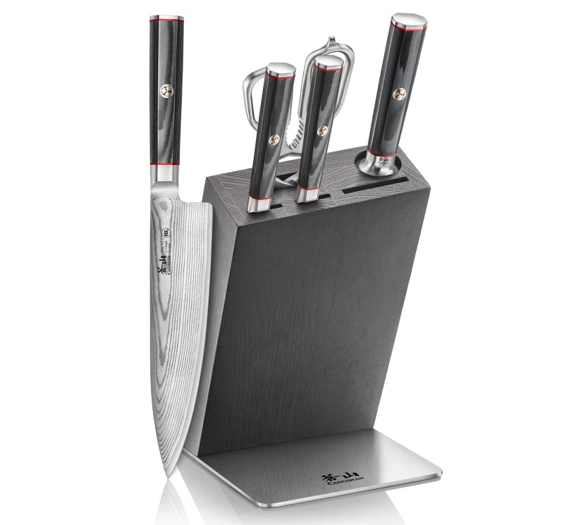 Cangshan Cutlery Yari Series 6pc HUA Block Set - 67 Layered Forged X-7 Damascus - Maple Wood and Stainless Steel Block - Northwest Knives