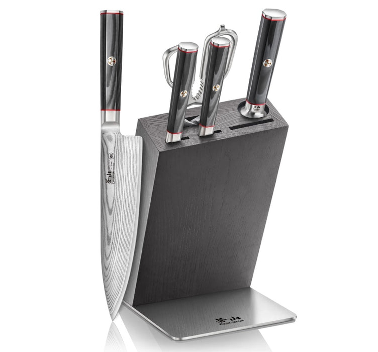 Cangshan Cutlery Yari Series 6pc HUA Block Set - 67 Layered Forged X-7 Damascus - Maple Wood and Stainless Steel Block