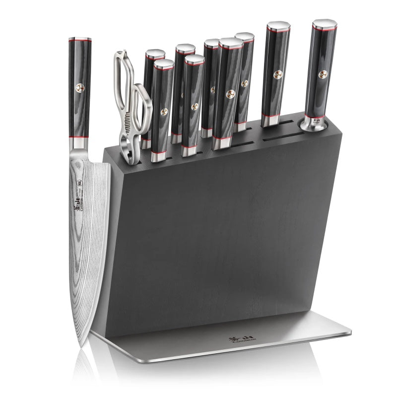Cangshan Cutlery Yari Series 12pc HUA Block Set - 67 Layered Forged X-7 Damascus - Maple Wood and Stainless Steel Block - Northwest Knives