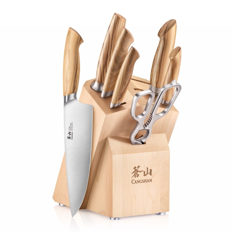 Cangshan Cutlery Oliv Series 8pc Block Set - Swedish 14C28N Steel - Solid Olive Wood Handle - Maple Wood Block - Northwest Knives