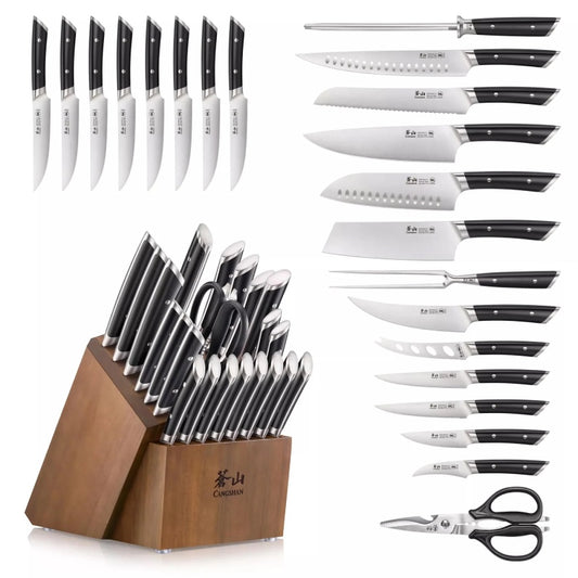 Cangshan Cutlery Helena Series 23pc Block Set - Forged German X50CrMoV15 Steel - Black Polymer Handle - Solid Acacia Wood Block 503336