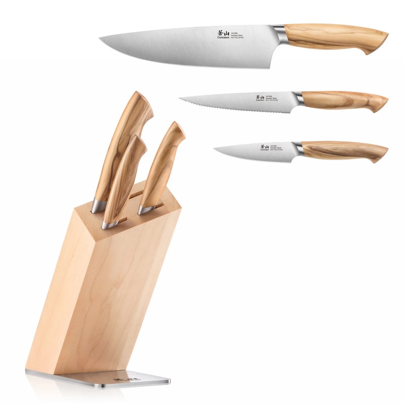 Cangshan Cutlery Oliv Series 4pc Block Set - Swedish 14C28N Steel - Solid Olive Wood Handle - Maple Wood Block - Northwest Knives