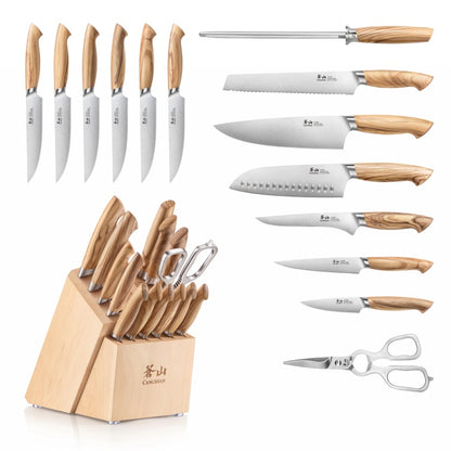 Cangshan Cutlery Oliv Series 15pc Block Set - Swedish 14C28N Steel - Solid Olive Wood Handle - Maple Wood Block
