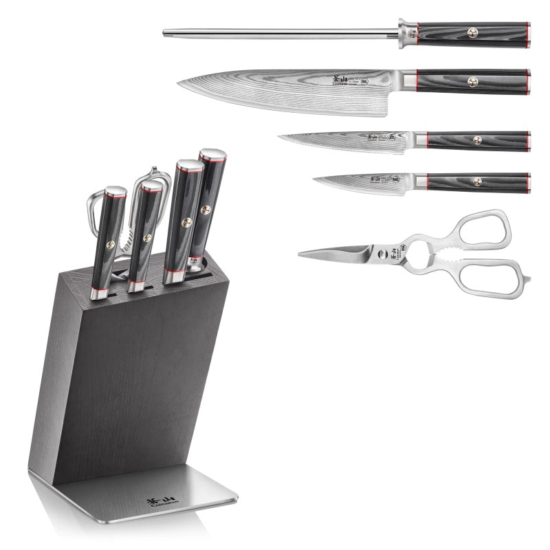 Cangshan Cutlery Yari Series 6pc HUA Block Set - 67 Layered Forged X-7 Damascus - Maple Wood and Stainless Steel Block - Northwest Knives