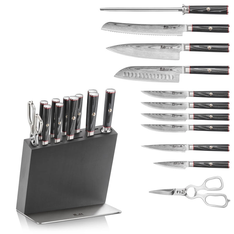 Cangshan Cutlery Yari Series 12pc HUA Block Set - 67 Layered Forged X-7 Damascus - Maple Wood and Stainless Steel Block - Northwest Knives