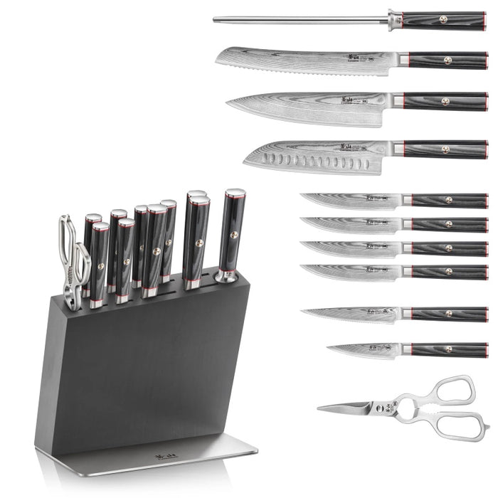 Cangshan Cutlery Yari Series 12pc HUA Block Set - 67 Layered Forged X-7 Damascus - Maple Wood and Stainless Steel Block