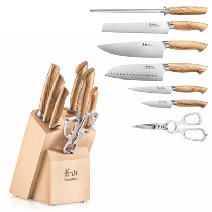 Cangshan Cutlery Oliv Series 8pc Block Set - Swedish 14C28N Steel - Solid Olive Wood Handle - Maple Wood Block