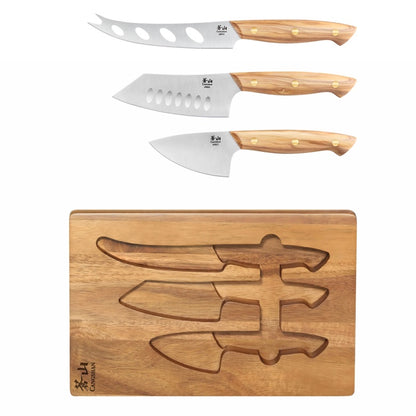 Cangshan Cutlery Oliv Series 3pc Cheese Knife Set with Acacia Board - Swedish 14C28N Steel - Solid Olive Wood Handle