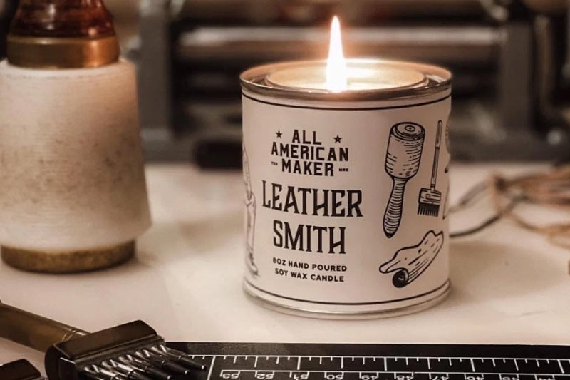All American Maker - Leather Smith Candle - 8oz Hand Pour Soy Candle & Cotton Wick - 100% American Made