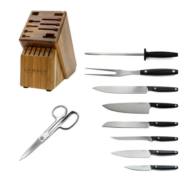 Lamson Cutlery Vintage Series - 10pc Cutlery Set with Acacia Block - Black POM Handles - Made in USA - Northwest Knives