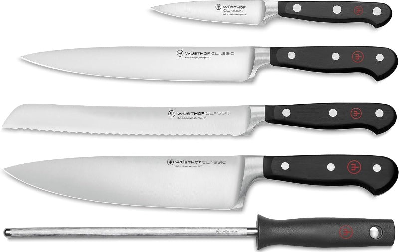 Wusthof Classic - 6pc Starter Block Set with Beech Wood Block - Fully forged German stainless steel (X50 CrMoV 15) - Made in Solingen, Germany