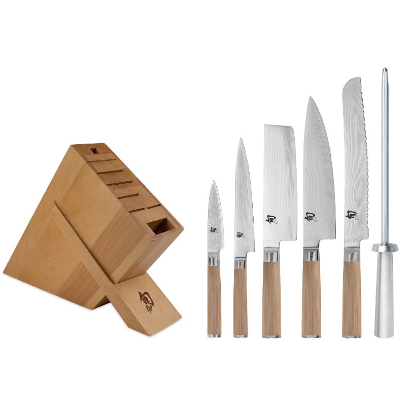 Shun Classic Blonde - 7pc Knife Set with Birch Block - 69 Layered Damascus - Made in Seki City, Japan - Northwest Knives