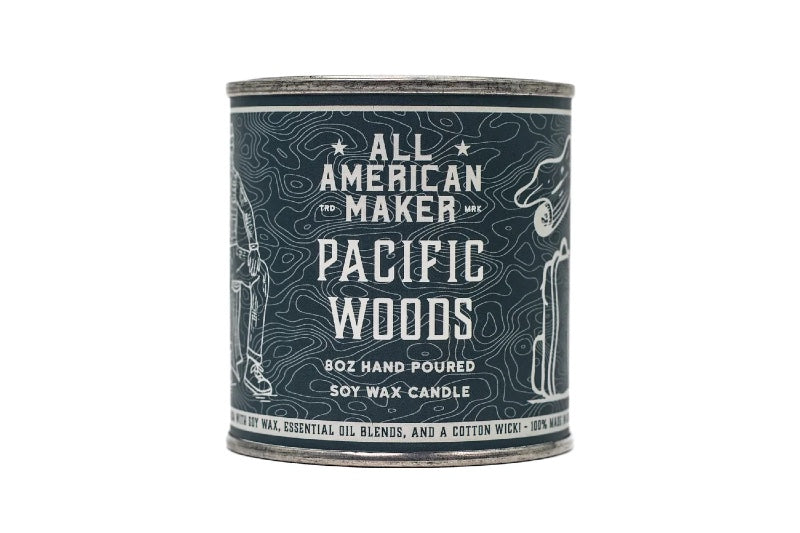 All American Maker - Pacific Woods Candle - 8oz Hand Pour Soy Candle & Cotton Wick - 100% American Made