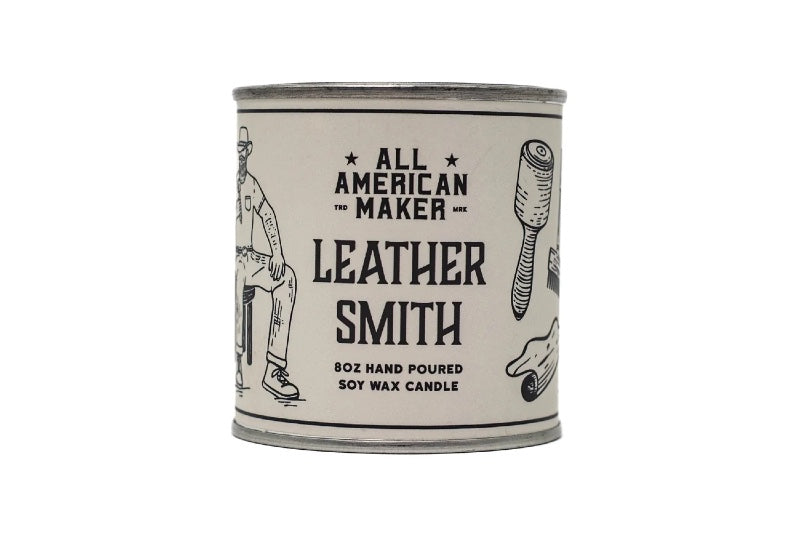 All American Maker - Leather Smith Candle - 8oz Hand Pour Soy Candle & Cotton Wick - 100% American Made