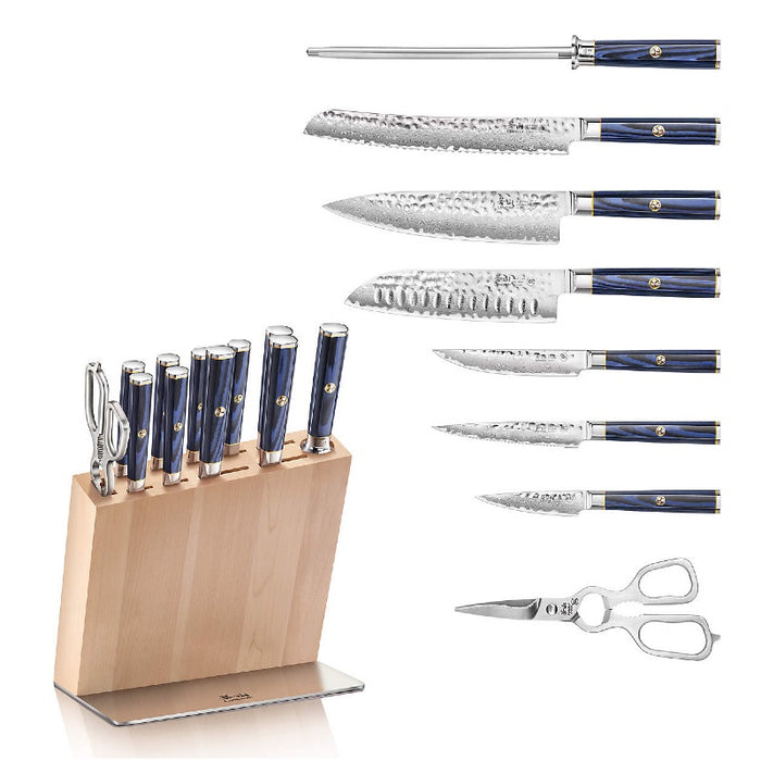 Cangshan Cutlery Kita Series 12pc HUA Block Set - 67 Layered Forged X-7 Damascus - Maple Wood and Stainless Steel Block
