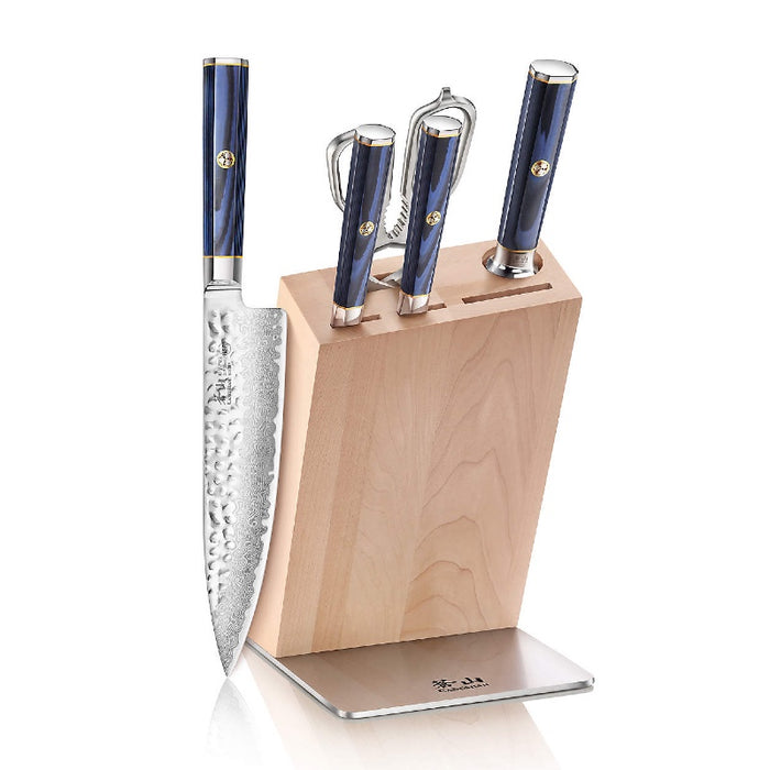 Cangshan Cutlery Kita Series 6pc HUA Block Set - 67 Layered Forged X-7 Damascus - Maple Wood and Stainless Steel Block