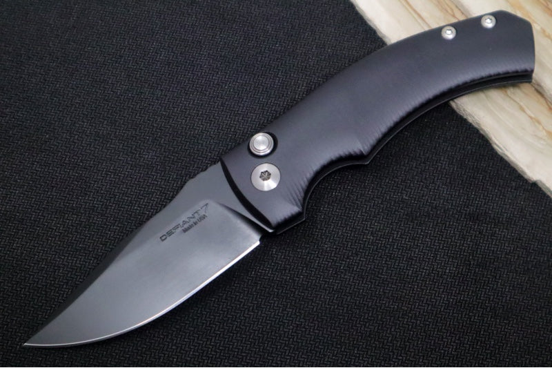 Defiant 7 Valmara Push Button Automatic - Black DLC Finish / CPM-154 Steel / Black Hard-Coat Anodized Aluminum Handle - Northwest Knives