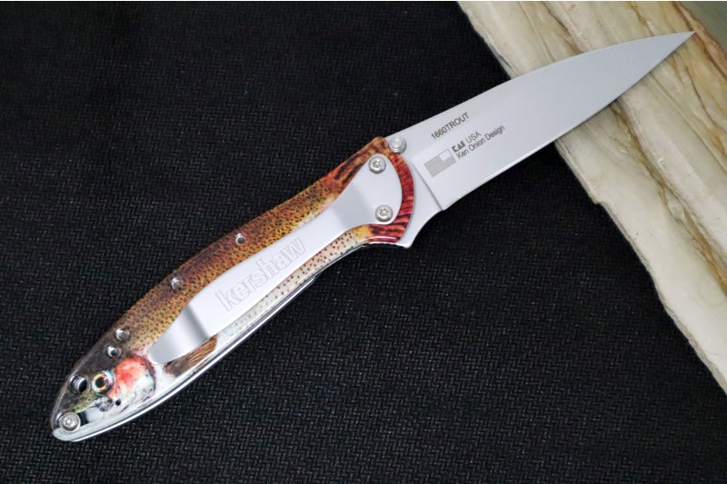 Kershaw 1660TROUT Leek Flipper - 14C28N Steel / Bead Blasted Finish / Trout Anodized Aluminum Handle - Northwest Knives