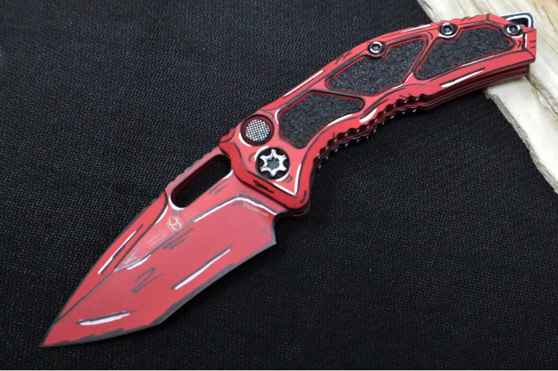 Heretic Knives Medusa Auto Limited Edition - Recurve Cerakoted & Hand Painted Blade / Red Cerakoted Aluminum Handle with Black Grip Inlays / CPM-Magnacut Steel H012-CS-RD