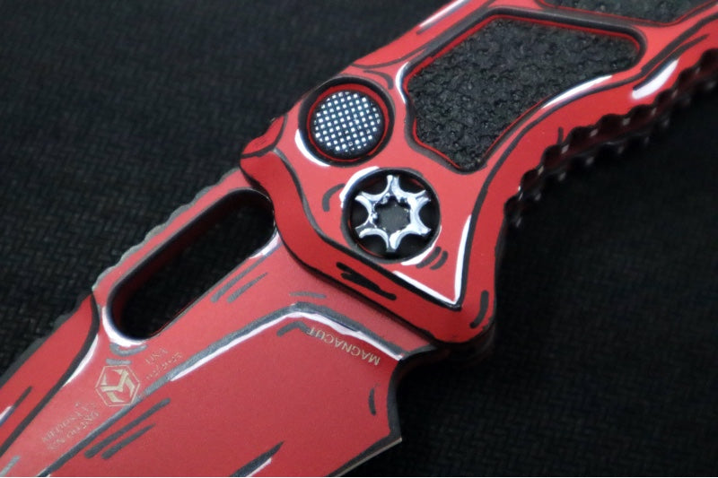 Heretic Knives Medusa Auto Limited Edition - Recurve Cerakoted & Hand Painted Blade / Red Cerakoted Aluminum Handle with Black Grip Inlays / CPM-Magnacut Steel H012-CS-RD