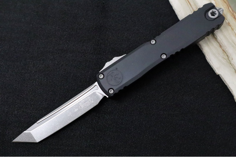 Microtech Ultratech ZBP (Zero Blade Play) OTF - Apocalyptic Finish / Tanto Blade / Black Anodized Aluminum Handle 1123-10AP