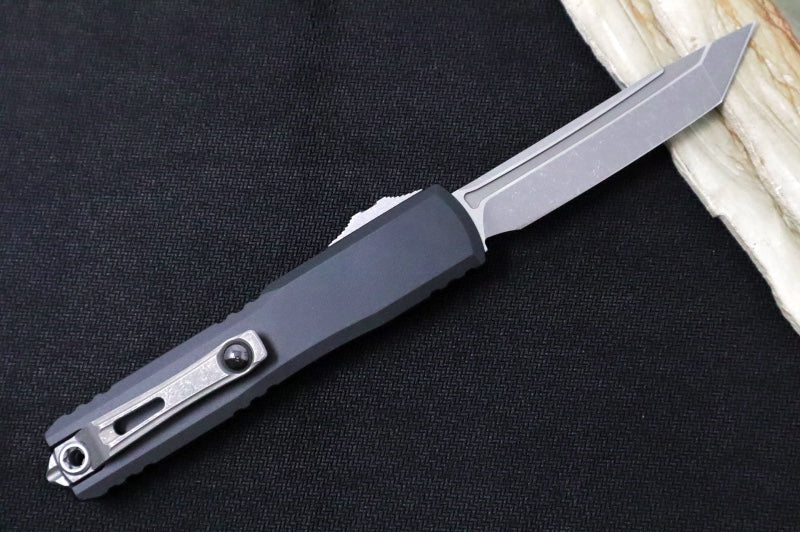 Microtech Ultratech ZBP (Zero Blade Play) OTF - Apocalyptic Finish / Tanto Blade / Black Anodized Aluminum Handle 1123-10AP